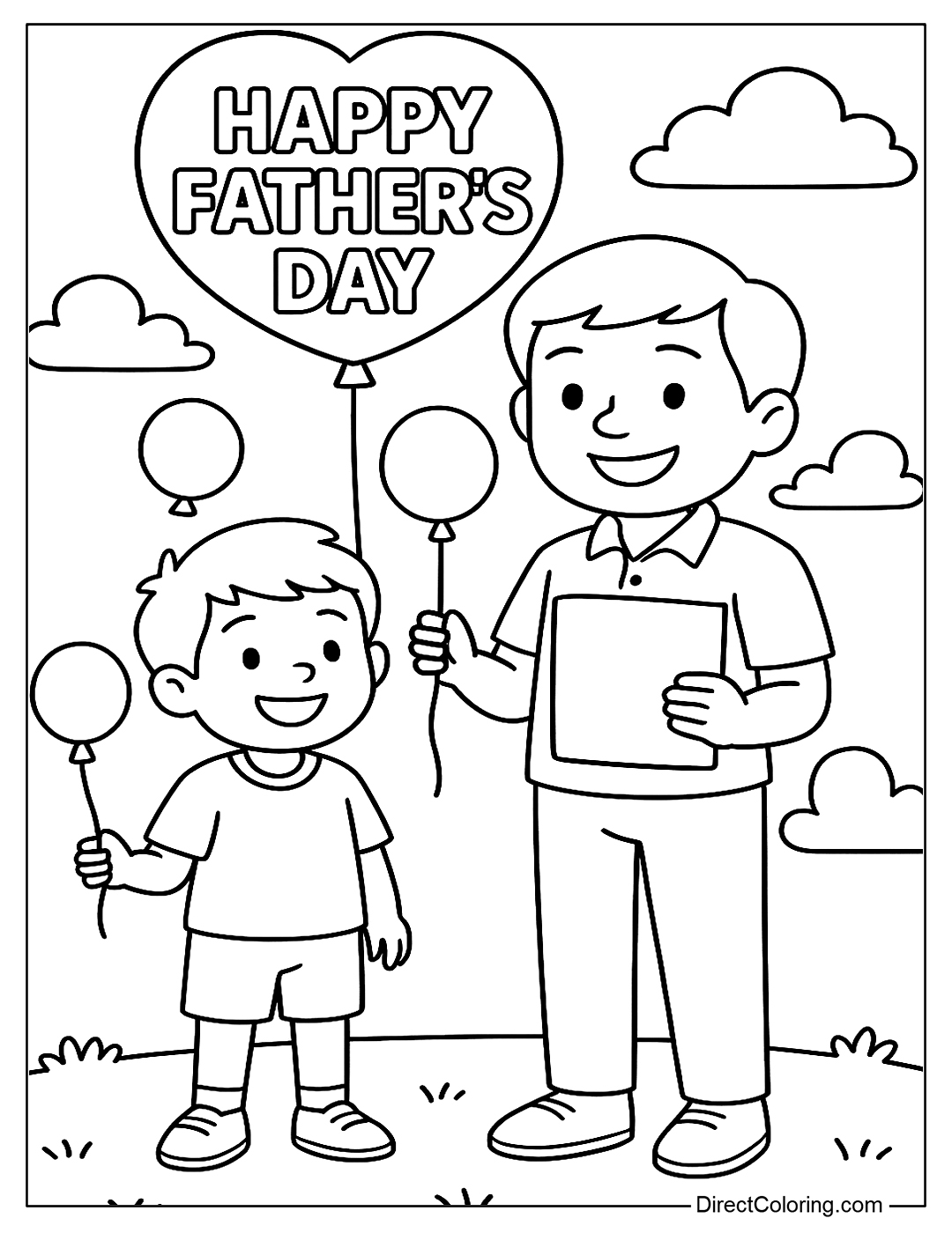 Coloring page of dad and child holding balloons with the words Happy Father’s Day
